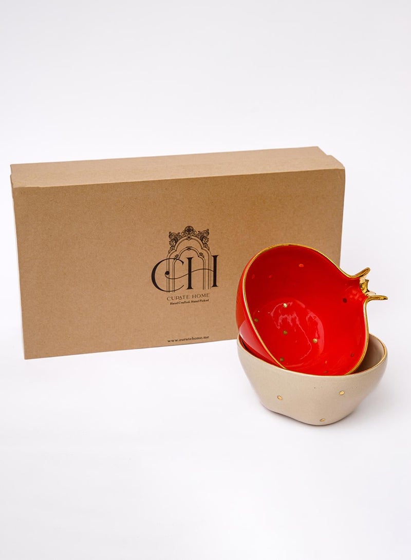 Curate Home Set of 2 Ceramic Serving Bowls Red & White- Pomegranate Design | Curate Home - Image 2